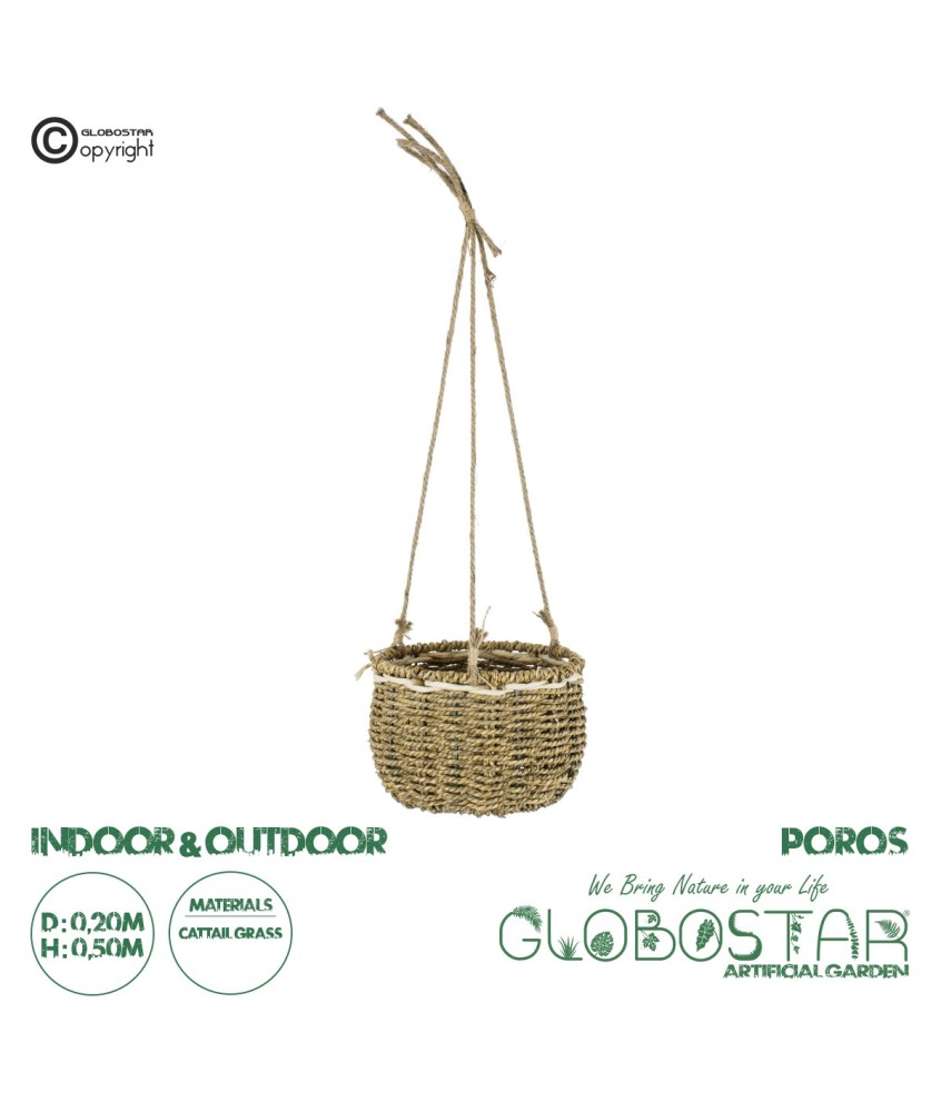 GloboStar® Artificial Garden POROS 20489 Κρεμαστό Πλεκτό Καλάθι - Κασπώ Γλάστρα - Flower Pot Μπεζ Φ20cm x Υ50cm